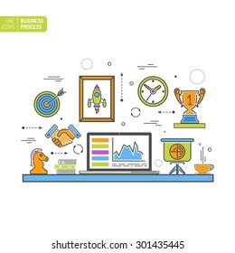 Business Thin Lines Color Web Icon Set for Flyer, Poster, Web Site Like Laptop, Handshake, Trophy, Target