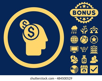 Business Thinking icon with bonus design elements. Vector illustration style is flat iconic symbols, yellow color, blue background.