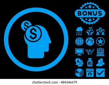 Business Thinking icon with bonus images. Vector illustration style is flat iconic symbols, blue color, black background.