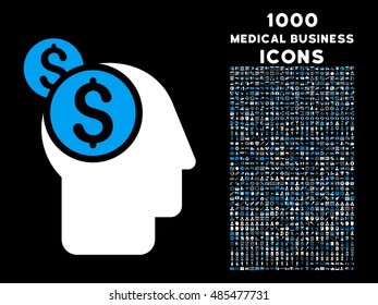 Business Thinking vector bicolor icon with 1000 medical business icons. Set style is flat pictograms, blue and white colors, black background.