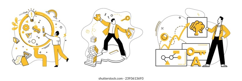 Business thinking vector illustration. Business thinking metaphorically dances with creativity in ballet innovation Intelligence and analysis are guiding stars in galaxy business thinking