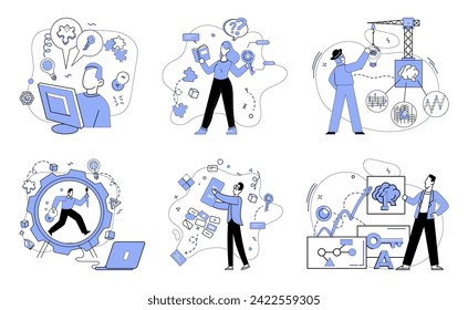 Business thinking vector illustration. Business thinking metaphorically dances with creativity in ballet innovation Intelligence and analysis are guiding stars in galaxy business thinking