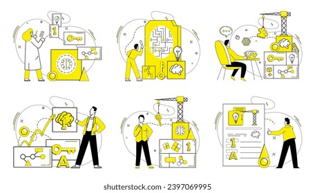 Ilustración vectorial del pensamiento empresarial. La motivación alimenta el pensamiento empresarial, impulsándolo hacia el éxito El éxito de la tapicería se basa en la contemplación de hilos y el pensamiento empresarial