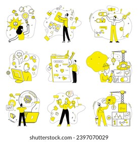 Business thinking vector illustration. Motivation fuels engine business thinking, propelling it towards success The tapestry success is woven from threads contemplation and business thinking