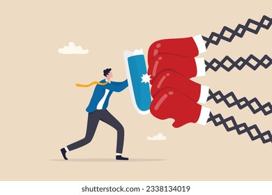 Business threat, fight to survive in business competition, resilience or adversity, challenge or survive to win, courage fighter concept, businessman hold shield to fight with multiple fighter punch.