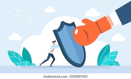 Business threat, fight to survive in business competition. Businessman hold shield to fight with punch. Defensive businessman using shield to face boxing glove. Vector illustration