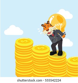 business tiger carrying bulb on coin