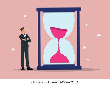 Business time, Bearded businessman standing and looking at hourglass while time passes. Patience, delay and tolerant concept. Vector illustration.