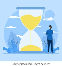 Business time concept, Bearded businessman standing and looking at hourglass while time flies. Patience, delay and tolerance concept. Vector illustration.