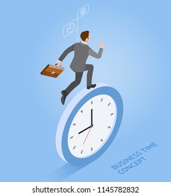 Business time concepts. Businessman running with clock. Isometric vector illustration.