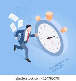 Business Time Concepts. Businessman Running With Stopwatch. Isometric Vector Illustration.