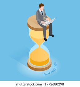 Business time concepts. Businessman running with clock. Isometric vector illustration.