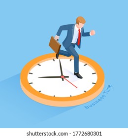 Business time concepts. Businessman running with clock. Isometric vector illustration.