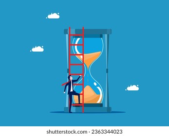 Business time costs. Businessman climbs the stairs onto the hourglass 