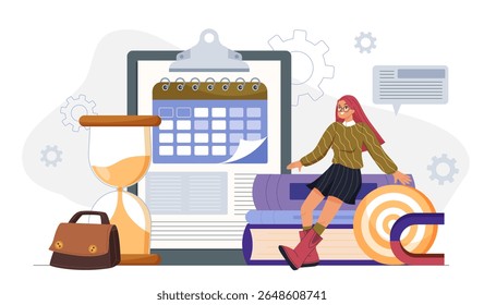 Gerenciamento de tempo de negócios. Empresária perto do calendário, pasta e óculos. Configuração de prazos e tarefas. Planejar e organizar o processo de trabalho efetivo. Ilustração de vetor plano