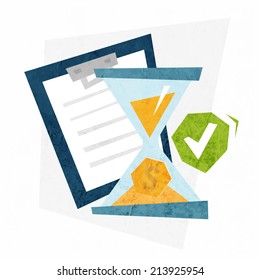 Diseño de concepto de administración de tiempo de trabajo. Sandglass con monedas. Ilustración de vectores de estilo plano.