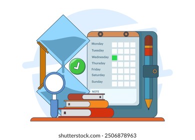 Business time management concept, Project management, Productivity, Time planning, Exam deadline, Schedule manager, Calendar planner, Partial completion of checklist successfully. Vector illustration.