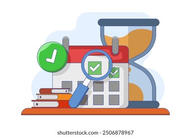 Concepto de gestión del tiempo de negocio, gestión de proyectos, productividad, planificación de tiempo, plazo de examen, administrador de horarios, planificador de calendario, finalización parcial de la lista de verificación con éxito. Ilustración vectorial.