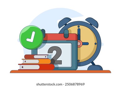 Concepto de gestión del tiempo de negocio, gestión de proyectos, productividad, planificación de tiempo, plazo de examen, administrador de horarios, planificador de calendario, finalización parcial de la lista de verificación con éxito. Ilustración vectorial.