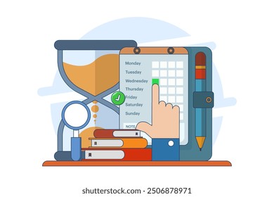 Concepto de gestión del tiempo de negocio, gestión de proyectos, productividad, planificación de tiempo, plazo de examen, administrador de horarios, planificador de calendario, finalización parcial de la lista de verificación con éxito. Ilustración vectorial.