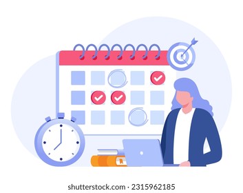 Business time management, deadline concept, planner, calender, clock, business target, flat vector illustration banner