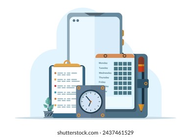 Business time management, deadline concept, planner, startup, calendar, business strategy planning, project management. Task planning. Data analysis and analytics start up vector illustration banner.