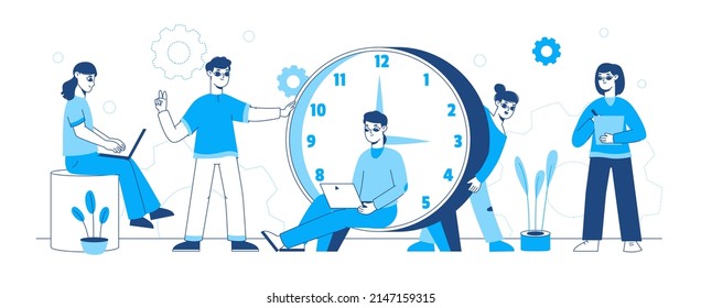 Business time management, effective schedule organising, outline artwork. Effective time schedule management, cartoon vector background illustration. People work process organising