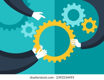 Business time management, hands with gears - some working process with gears collecting conceptual illustration