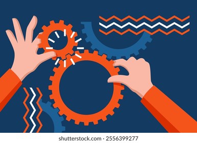 Business time management, hands with gears - some accurate working process with gears collecting conceptual illustration, orange and blue color