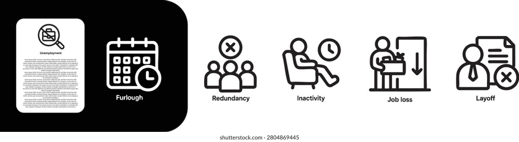 Business and Time Management Icons Set,  Job loss, Layoff, Furlough, Redundancy, Inactivity