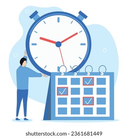 Business time management illustration. The character checks the timeliness of tasks according to the project. Time management and schedule organization concept. Vector illustration.