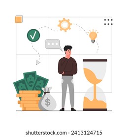 Business time management illustration. The character checks the timeliness of tasks according to the project. Time management and schedule organization concept. Vector illustration.