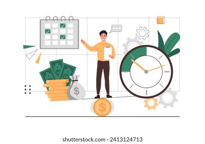 Business time management illustration. The characters plan their meetings on the calendar.They manage their working time.They organize their meetings and complete tasks on time.Vector illustration.