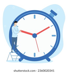 Business time management illustration. A young man manages his working time. Time management and schedule organization concept. Vector illustration.