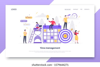 Business time management internet landing page concept template with people characters working together on calendar schedule. Teamwork concept flat style design vector illustration.