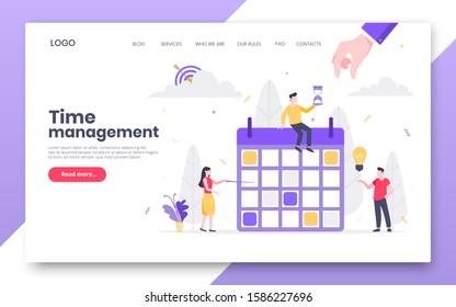 Business time management internet landing page concept template with people characters working together on calendar schedule. Teamwork concept flat style design vector illustration.