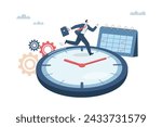 Business time management planning, Appointments and calendar schedule planning to achieve work goals, Working time or deadline, Businessman running fast according to clock time. Vector illustration.