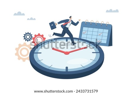 Business time management planning, Appointments and calendar schedule planning to achieve work goals, Working time or deadline, Businessman running fast according to clock time. Vector illustration.