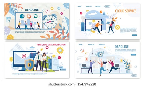 Business Time Management, Project Deadline Planing Startup, Personal Information Protection, Data Synchronization, Backup on Cloud Service Trendy Flat Vector Web Banners, Landing Pages Templates Set