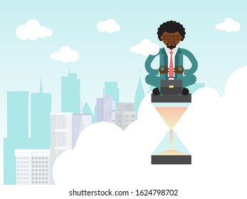 Business time management and relax vector illustration. Lifestyle calm at work concept. Man in suit meditating the city in clouds