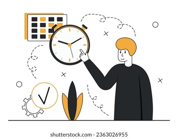 Business time management scene.The character plan their meetings on the calendar.They manage their working time.They organize their meetings and complete tasks on time.Vector illustration.