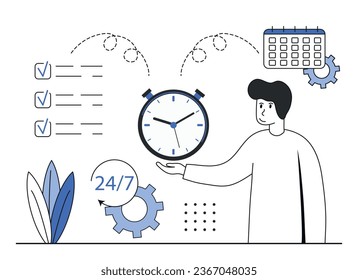 Business time management scene.The character plan their meetings on the calendar.They manage their working time.They organize their meetings and complete tasks on time.Vector illustration.