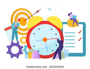 Business Time Management, winziges Team zur Steuerung der Charaktere, Teamwork Plan flache Vektorgrafik, einzeln auf Weiß.