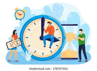 Business time management vector illustration. Cartoon flat tiny manager character team managing work time with alarm clock, digital watch timer, hourglass. Teamwork deadline concept isolated on white