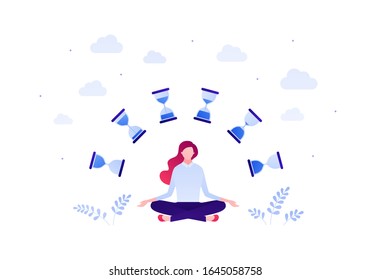 Business time management and work life balance concept. Vector flat person illustration. Female sitting in meditation pose juggle with clock symbol. Design element for banner, poster, background.