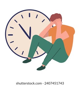Business time management.Project deadline concept.Nervous entrepreneur.Running out of time.Businessman carrying a giant hour.Time allocation.Pulling clock arrow deadline.The man is depressed.