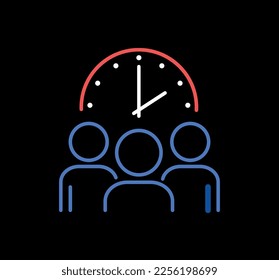 Business time neon icon. People on background of clock. Goal setting and motivation, time management. Teamwork and partnership, deadline. Poster or banner for website. Cartoon flat vector illustration