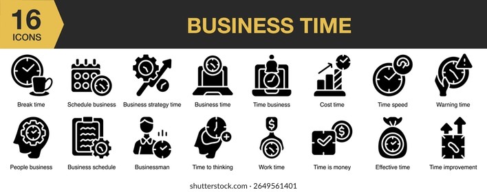 Business Time solid icon set. Includes time, clock, business, deadline, work, and More. Solid icons vector collection.