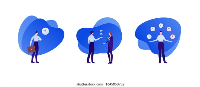Business time and task management concept. Vector flat person illustration set. Man watch clock, showing hourglass and talking to woman, juggling timer. Design element for banner, poster, background.