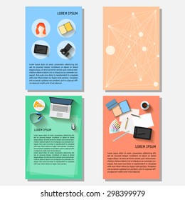 Business time theme. Bright backgrounds collection with everyday life electronic objects in trendy flat style with long shadow isolated on stylish cover for design card, poster, placard, brochures. 